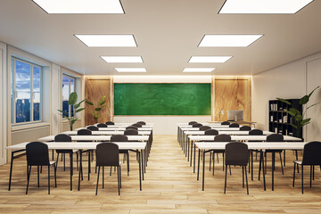 Bright and spacious classroom with a green chalkboard, modern furniture, and city view. 3D Rendering
