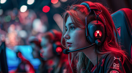 Engaged female e-sports player with headset at a gaming event, deeply focused on the screen. - obrazy, fototapety, plakaty