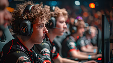 Fototapeta na wymiar Focused e-sports gamer with headset in a lineup, intensely concentrated during a competitive match.
