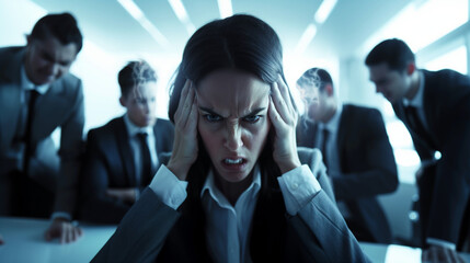 Stressed businesswoman with head in hands among colleagues. A neurodiverse businesswoman facing challenges in school - obrazy, fototapety, plakaty