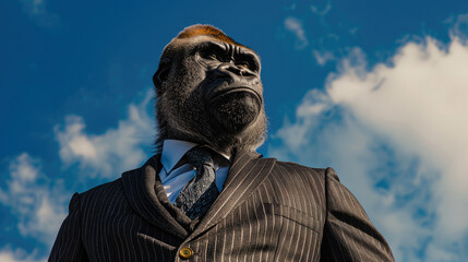 Gorilla in formal suit with striped pattern and tie on bright blue sky background