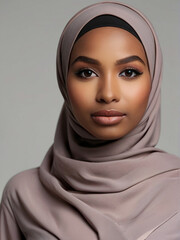 Gorgeous stylish black Muslim woman with beautiful makeup and luxurious silk hijab
