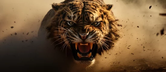 Foto op Canvas A close-up shot of a tiger baring its teeth with its mouth wide open, showcasing its powerful jaws and fierce expression. The image captures the raw strength and predatory nature of the tiger in © AkuAku