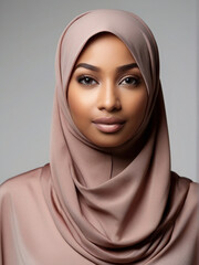 Naklejka premium Gorgeous stylish black Muslim woman with beautiful makeup and luxurious silk hijab