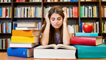 Junge Studentin die gelangweilt und müde vom lernen ist . Vor ihr jede menge Bücher . KI Generated 