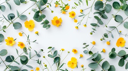 Floral composition. Pattern made of yellow flowers and eucalyptus leaves on a white background. Flat lay, top view, copy space. Generative Ai - obrazy, fototapety, plakaty