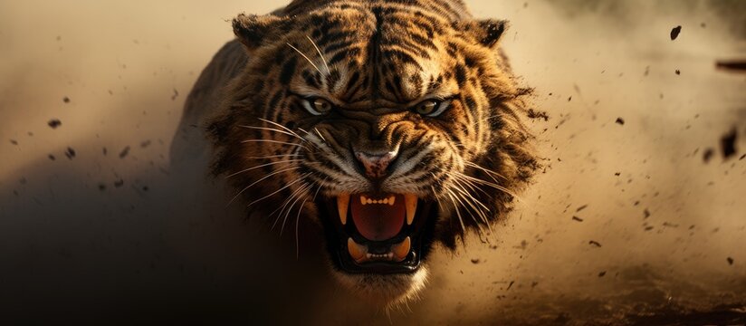 A close-up shot of a tiger baring its teeth with its mouth wide open, showcasing its powerful jaws and fierce expression. The image captures the raw strength and predatory nature of the tiger in