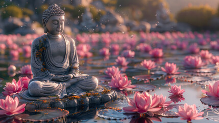 Statue of Buddha amidst pink lotuses on water, with soft golden light and floating petals. Vesak Day