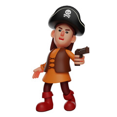    3D illustration. Charming 3D Character pirate design with shooting pose. showing an angry expression. wearing a cool sea hat. 3D Cartoon Character
