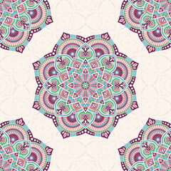 Seamless vector color pattern with mandala. Vector oriental mandala color background. Vintage decorative elements. Islam, Arabic, Indian, ottoman motifs. For textile, fabric and paper.