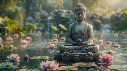 Statue of Buddha amidst lotus flowers in a pond with soft light and a waterfall. Vesak Day