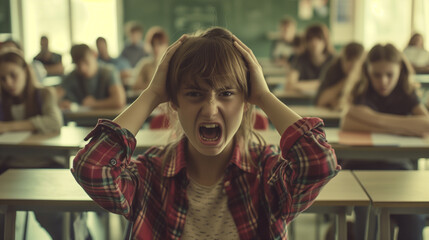 Stressed girl screaming in a classroom full of students. - obrazy, fototapety, plakaty