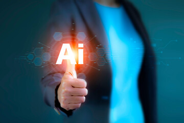 Ai technology analysis concept, hand point to AI icon network. AI technology Machine learning for data analysis and management, Data analysis using artificial intelligence is essential.