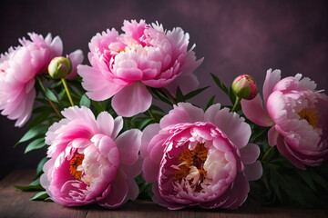 Fluffy pink peonies flowers on blurry background