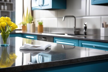 Close-up arm and hand wearing blue gloves cleaning countertop in home residential cleaning