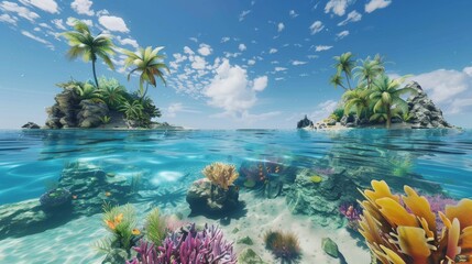 A picturesque view of a tropical island paradise with lush palm trees and a vibrant underwater coral reef visible in the crystal-clear ocean waters.