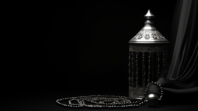 A metallic Ramadan lamp with Islamic rosary beads on black background. Monochromatic image