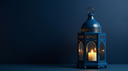 An illuminated Arabic lantern on blue background