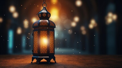 An illuminated Arabic lantern on back background - obrazy, fototapety, plakaty