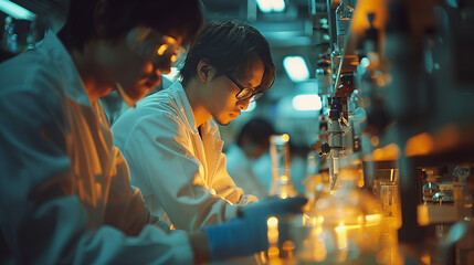 A dedicated scientist with glasses closely examines laboratory samples, surrounded by equipment in a research facility.