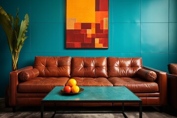 Teal Split Color-Blocked Interior Wall Ideas: Brown Leather Sofa Accents