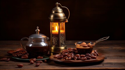 Arabian Coffee traditional set with lantern and dates - obrazy, fototapety, plakaty