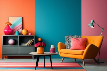 Color-blocked Interior Wall Ideas: Bold Coffee Table Pops Against Playful Wall Hues