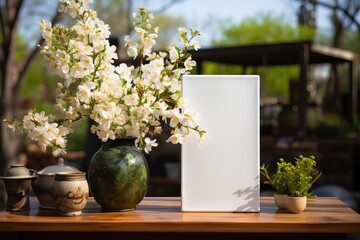 Mock-up A blank white photo frame propped up on a table outdoors, with nature in the background