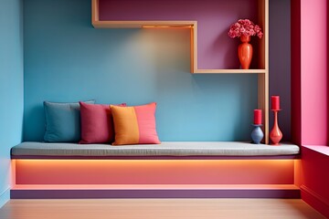 Color-Blocked Interior Wall Ideas: Divided Wall Accentuating Cushioned Bench