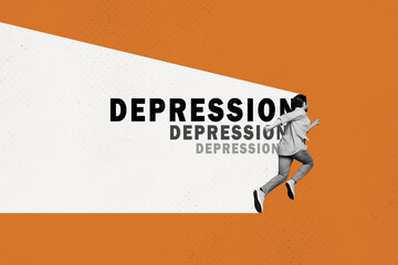 3d retro abstract creative artwork template collage of depression treatment concept man running...