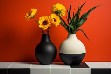 Color-blocked Interior Wall Ideas: Vibrant Flower Vase Against Contrasting Background