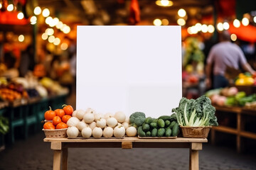 Blank white poster on the counter of the market with various vegetables