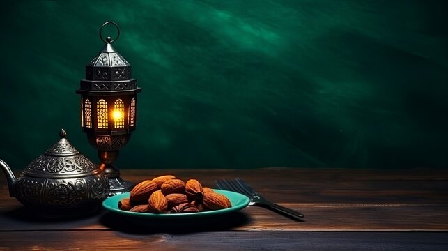 Bronze plate with dates, coffee cup, arabic lantern and aladdin lamp on dark green wooden background. Ramadan kareem.  Ramadan background.  Flat lay