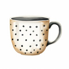 Elevate your designs with this sophisticated watercolor coffee cup clipart, adorned with black and white polka dots, isolated on white, for a touch of timeless elegance.