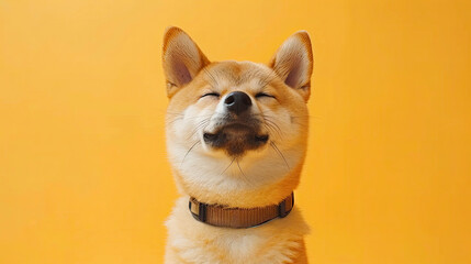 Smile breed Japanese Shiba inu cute dog wearing protective with cone collar on neck after surgery. AI Generated. - obrazy, fototapety, plakaty