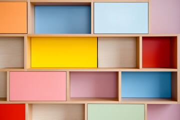 Color-blocked Interior Wall Ideas: Stylish Shelving Unit Set Off by Blocks - obrazy, fototapety, plakaty