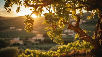 Tuscan vineyard bathed in golden sunlight surrounded by rolling hills and olive groves