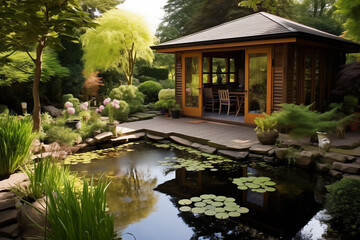 Fototapeta na wymiar A mature garden pond by a patio and garden room