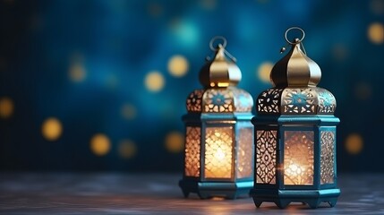 Couple of glowing Moroccan ornamental lanterns on the table. Greeting card, invitation for Muslim holy month Ramadan Kareem. Festive blue night background with glittering golden bokeh lights