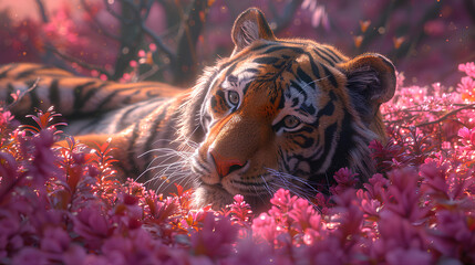 fantasy landscape with magic tiger on natural background