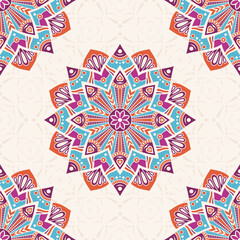 Seamless vector color pattern with mandala. Oriental mandala background. Vintage decorative elements. Islam, Arabic, Indian, ottoman motifs. Color mandala pattern. For textile, fabric design.