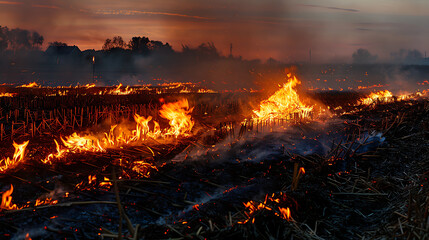 Dry corn stubble burning in a field at sunset - obrazy, fototapety, plakaty