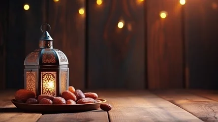 Fotobehang Dates in wooden bowl and Arabian lantern on wooden floor. Eid lamp or lantern for Ramadan and other Islamic Muslim holidays, with copy space for text © Elchin Abilov