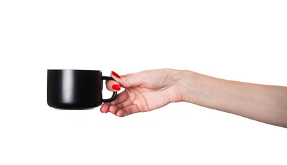 Cup in female hands isolated on white background. Empty cup.