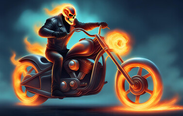 Ghost rider on motorcycle in postapocalyptical ruined city