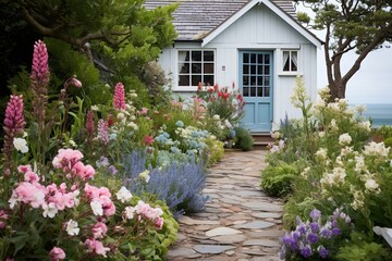 Fototapeta na wymiar Coastal English Cottage Garden: Seaside Plants Inspiring a Relaxing Vibe