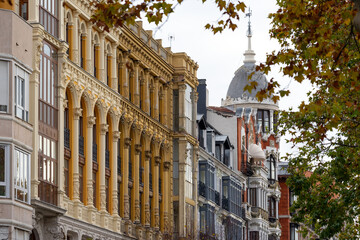 Fototapeta premium Historic buildings in Recoletos street in the old town of the city of Valladolid. Castilla y Leon, Spain