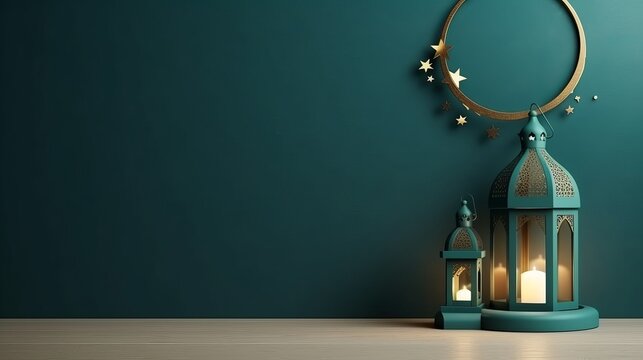 Islamic decoration background with lantern and crescent moon luxury style, ramadan kareem, mawlid, iftar, isra miraj, eid al fitr adha, muharram, copy space text area, 3D illustration