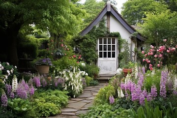 Fototapeta na wymiar English Cottage Garden Serene Spots With a Minimalist Touch