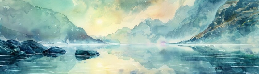 A realm of wonder unfolds in a watercolor fantasy landscape, where a pristine lake reflects the celestial dance of vibrant auroras, casting an ethereal glow upon the tranquil waters below.
